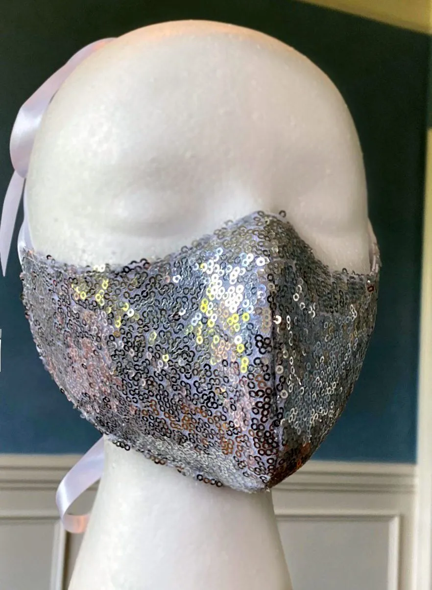 Fashion face cover/cloths face mask, silver sequins outside, cotton inside. Around head ribbon