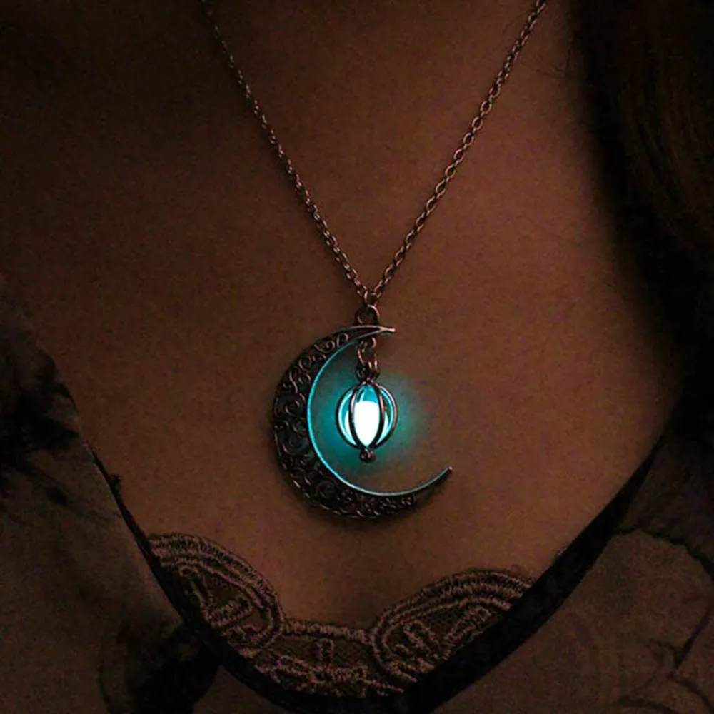 Fashion Silver Color Charm Luminous Pendant Necklace Women Moon Glowing Stone Necklace