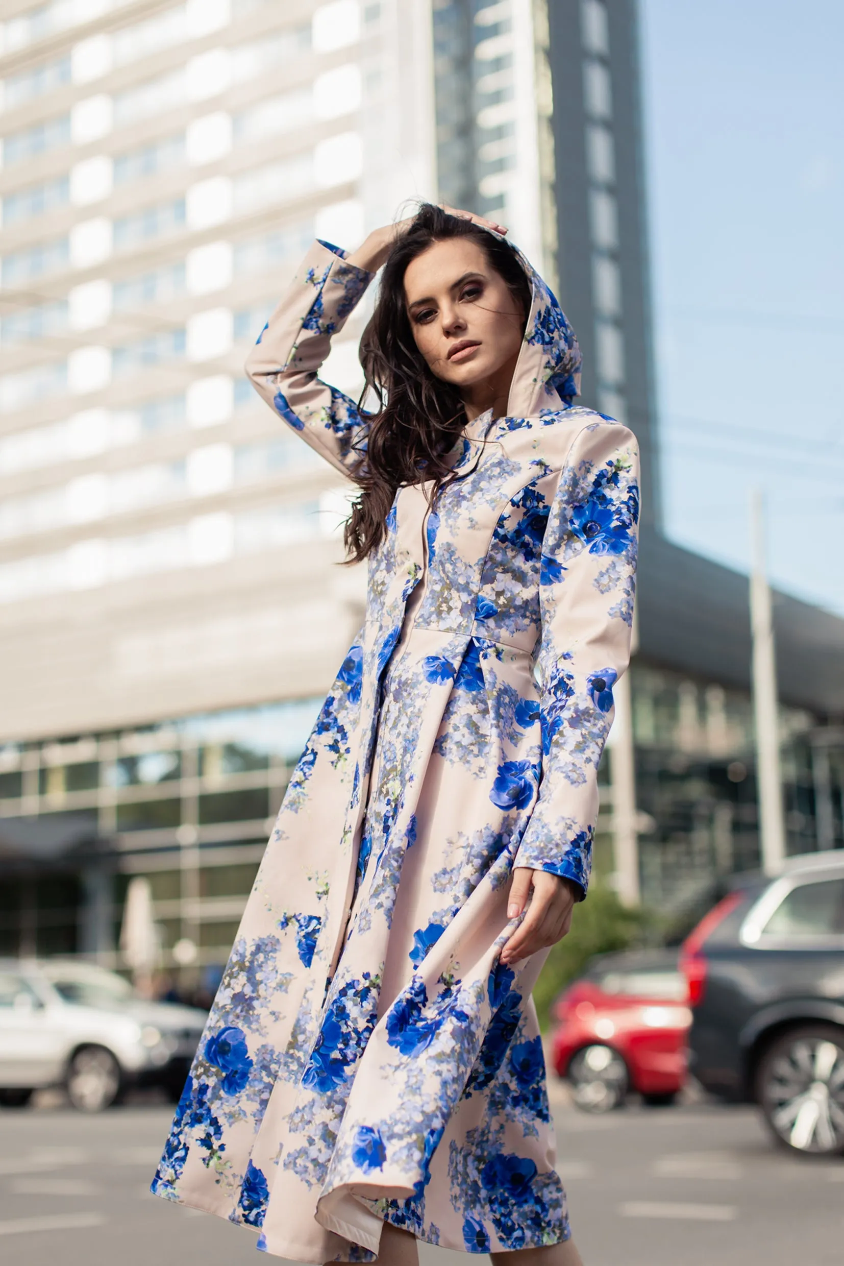 Fit and Flare Coat with Pleated Skirts in Beige and Blue | 'Cornflower Blue'