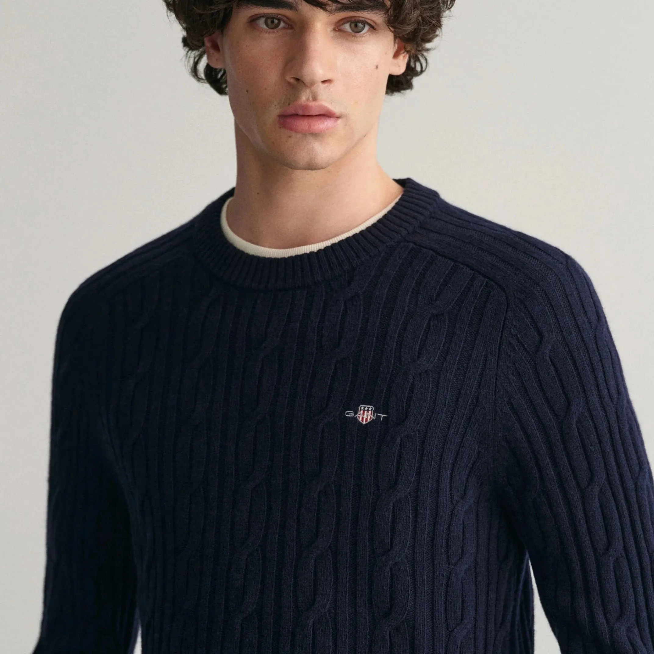 Gant Lambswool Cable Knit Crew Neck Sweater in Evening Blue