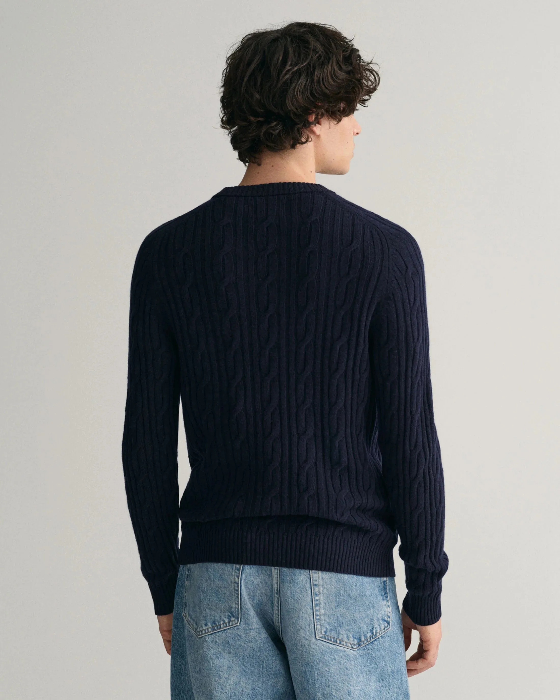 Gant Lambswool Cable Knit Crew Neck Sweater in Evening Blue