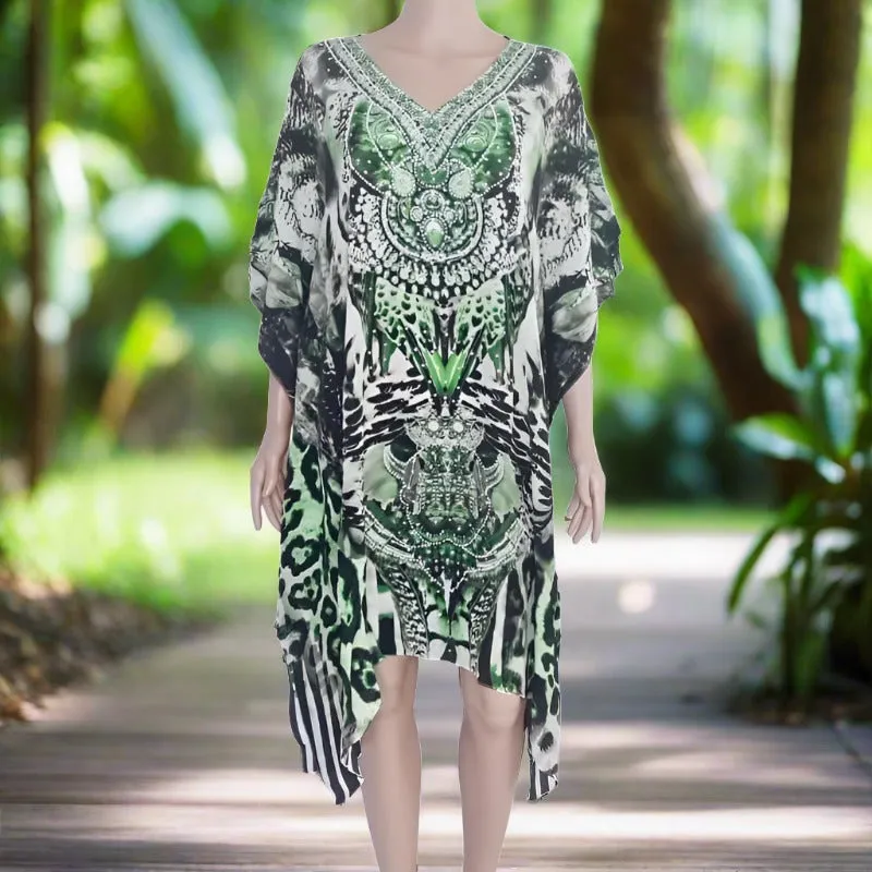 Garbo green short silk Kaftan - kaftans that bling