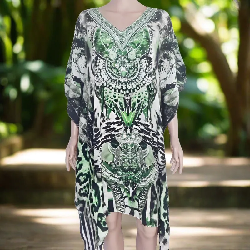 Garbo green short silk Kaftan - kaftans that bling