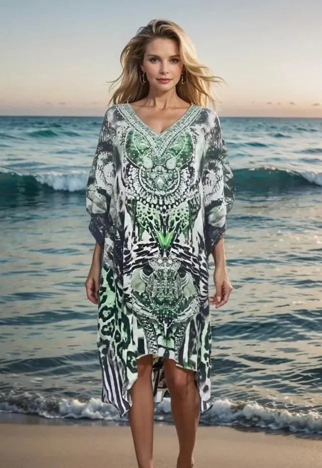 Garbo green short silk Kaftan - kaftans that bling