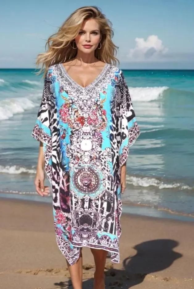 Garden Delight (blue) Short silk cold shoulder embellished Kaftan