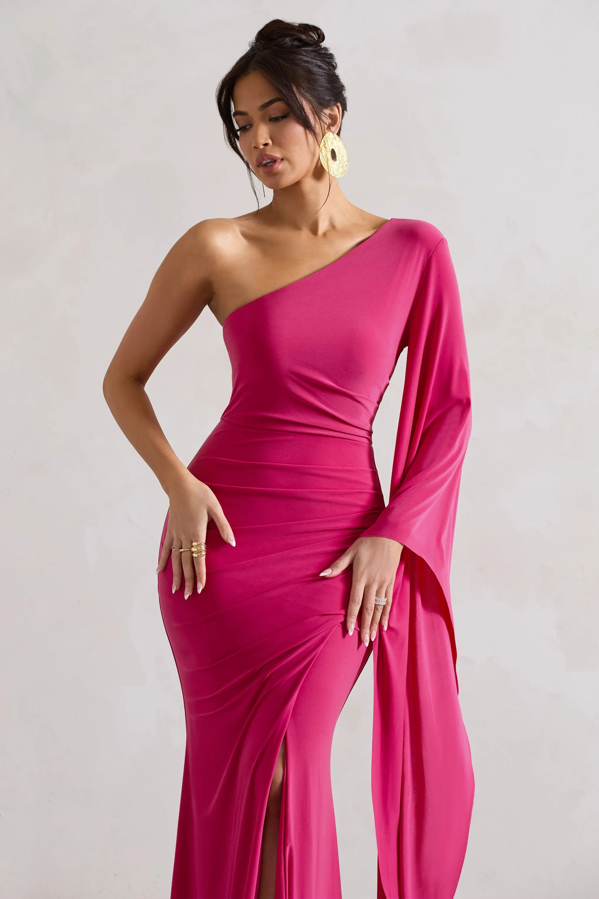 Giada | Dark Pink Ruched One Shoulder Cape Sleeve Maxi Dress