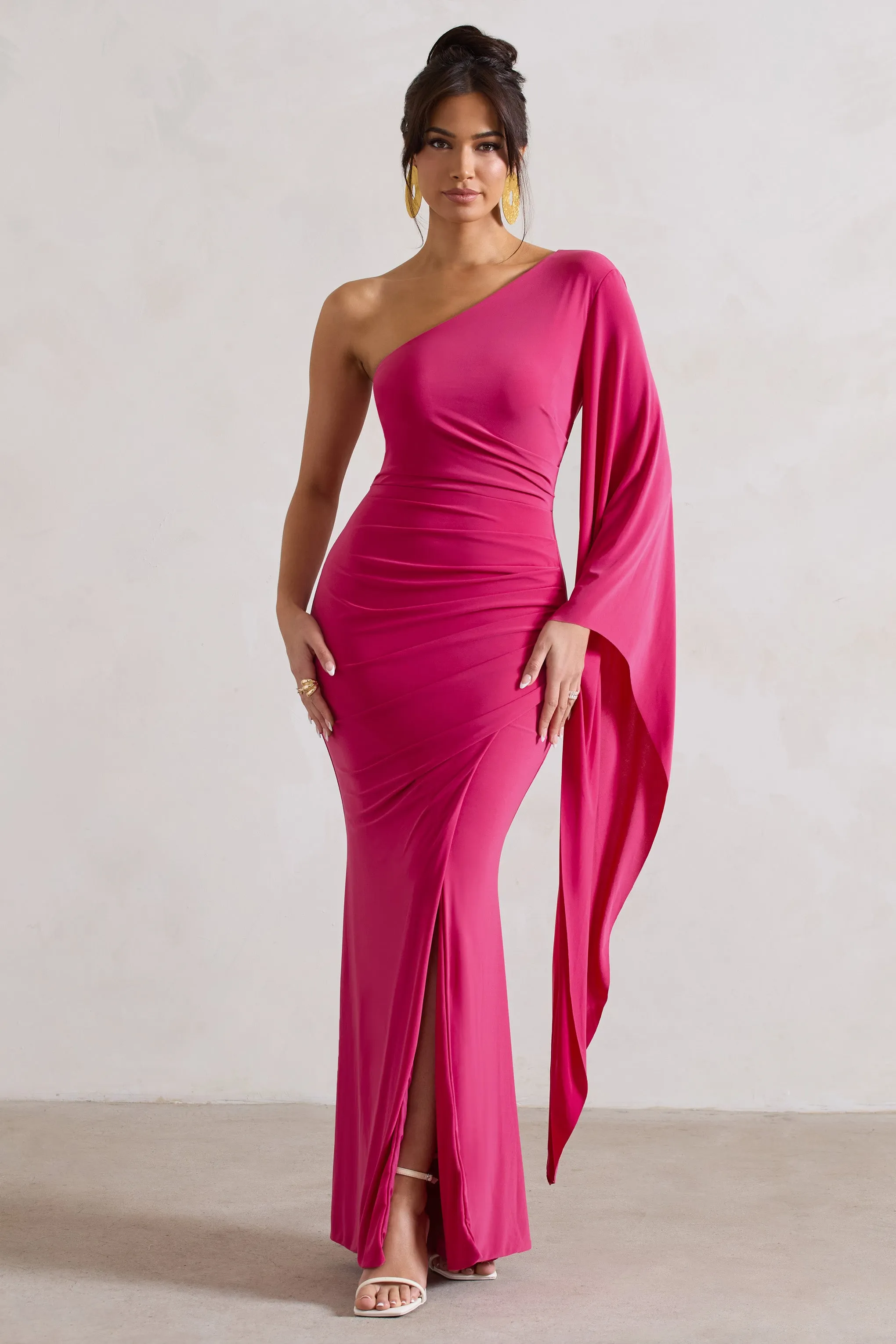 Giada | Dark Pink Ruched One Shoulder Cape Sleeve Maxi Dress