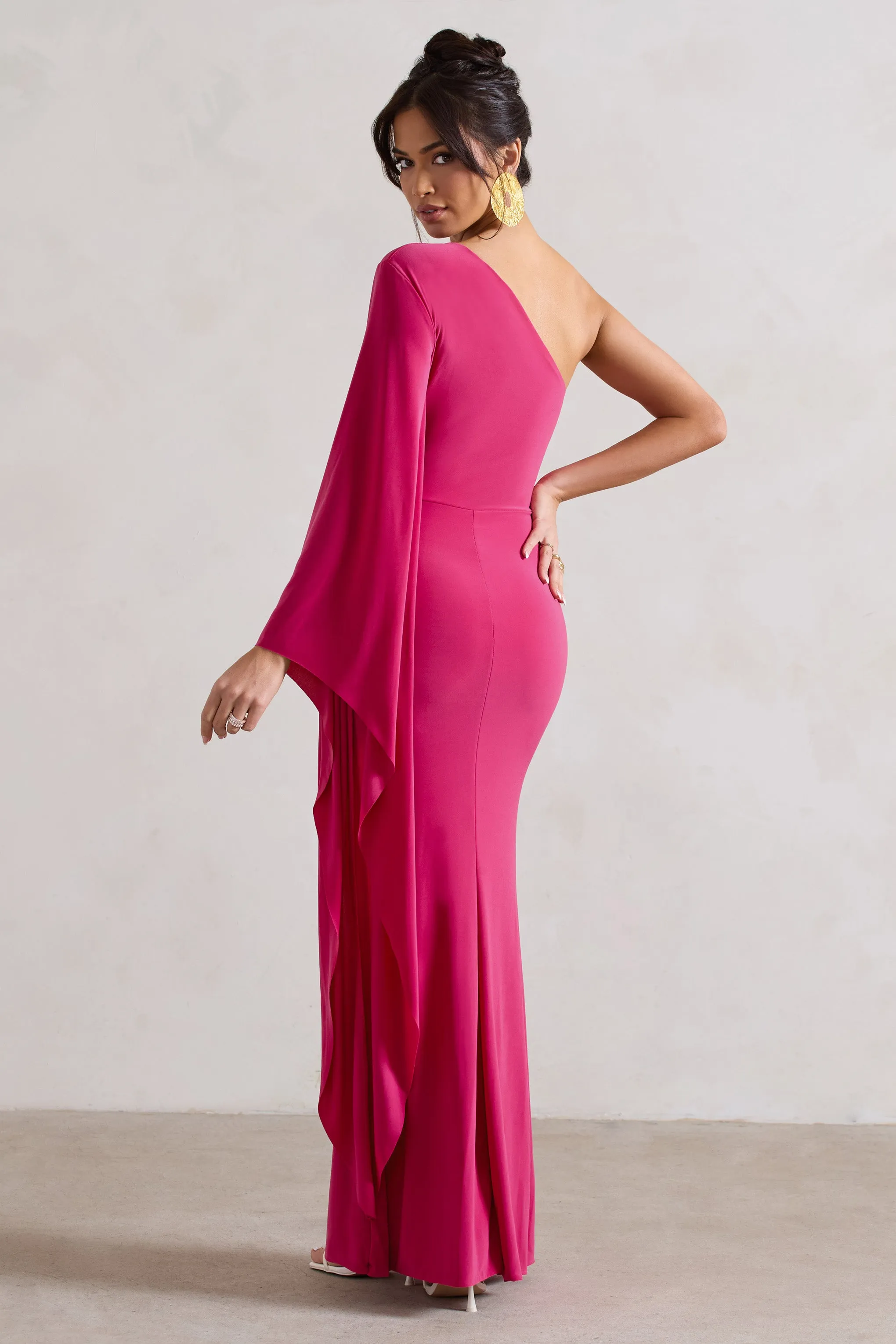 Giada | Dark Pink Ruched One Shoulder Cape Sleeve Maxi Dress