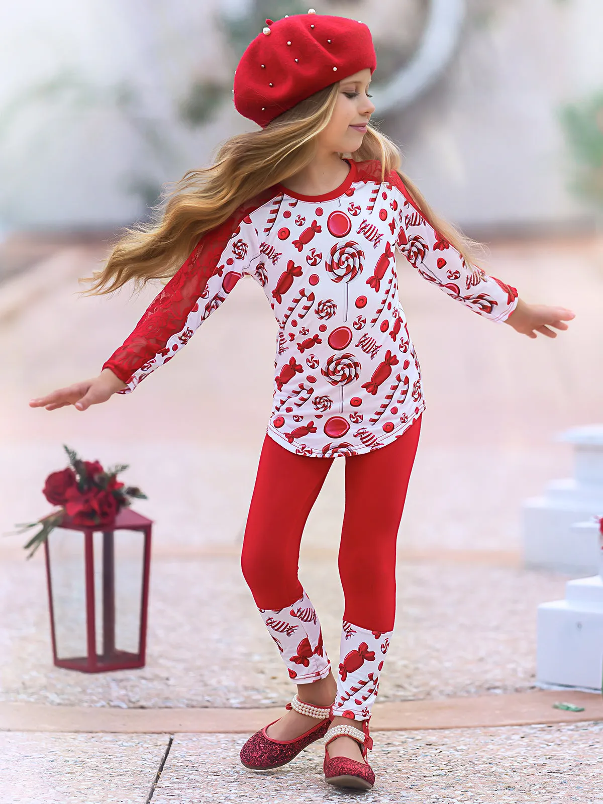 Girls Lace Contrast Long Sleeve Tunic And Matching Cuffed Legging Set