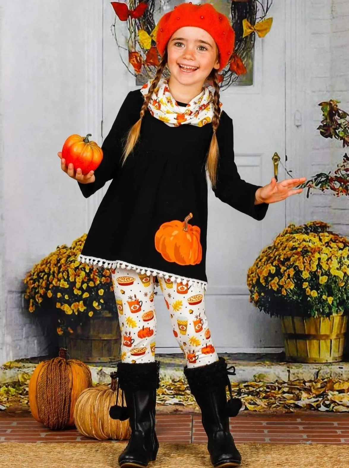 Girls Pumpkin Print Trim Hem Long Sleeve Tunic, Leggings And Scarf Set