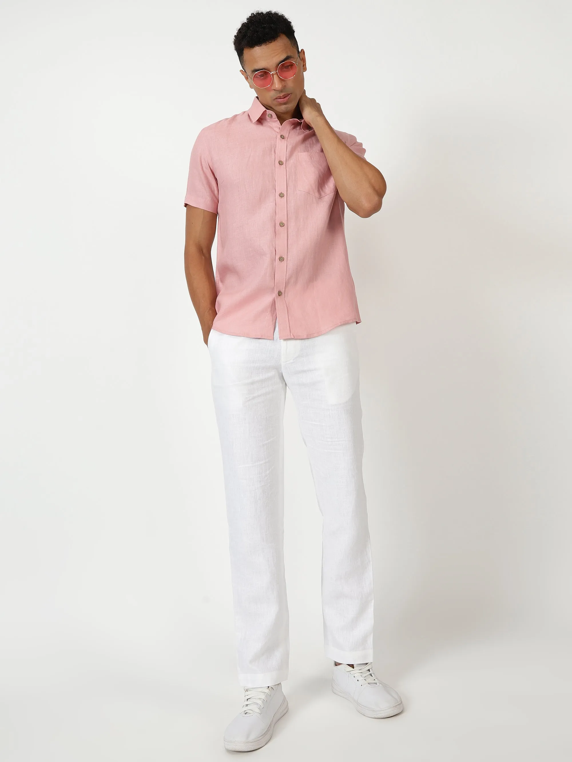 Harvey - Pure Linen Half Sleeve Shirt - Salmon Pink (Factory Rescue)