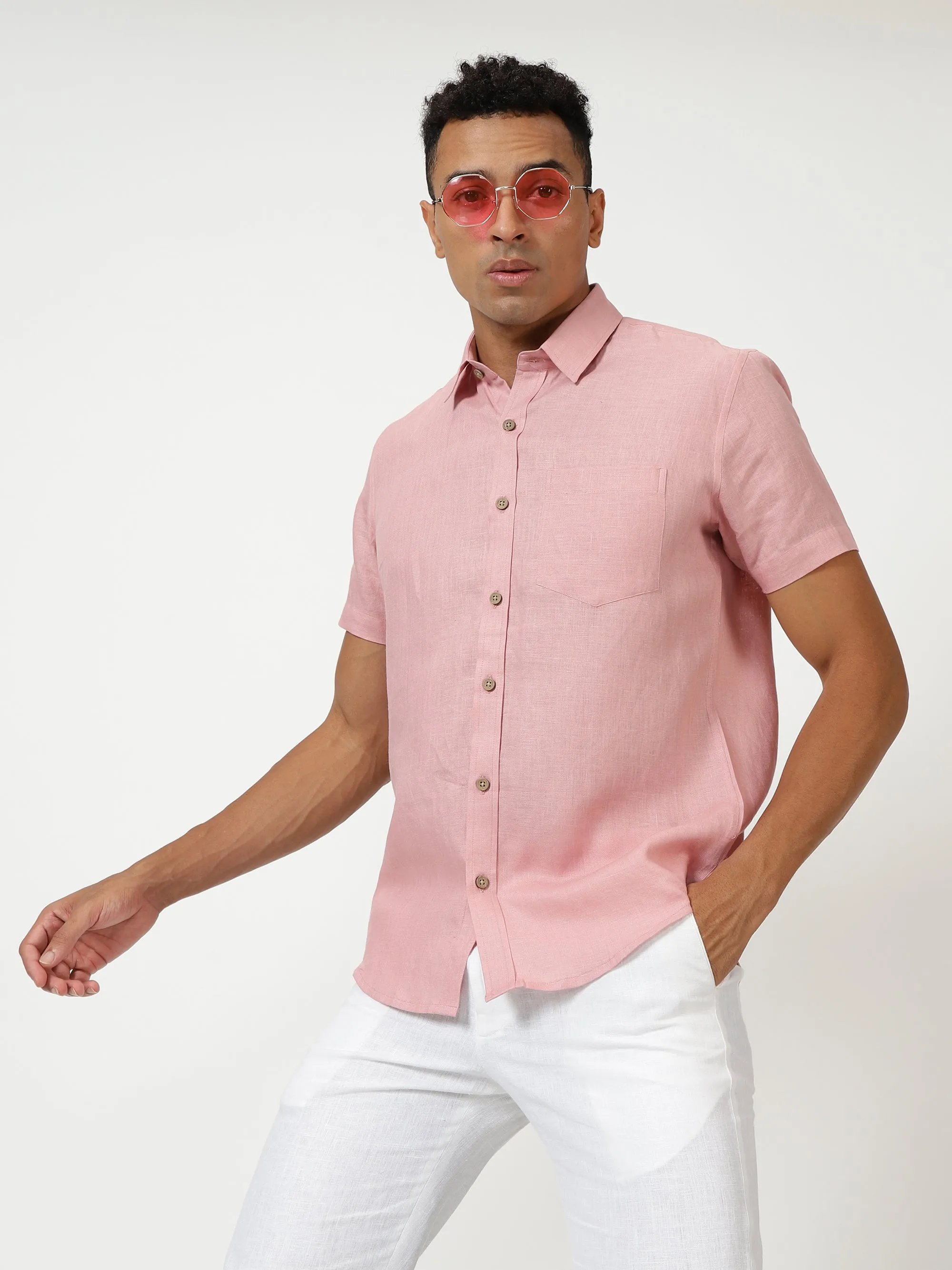 Harvey - Pure Linen Half Sleeve Shirt - Salmon Pink (Factory Rescue)