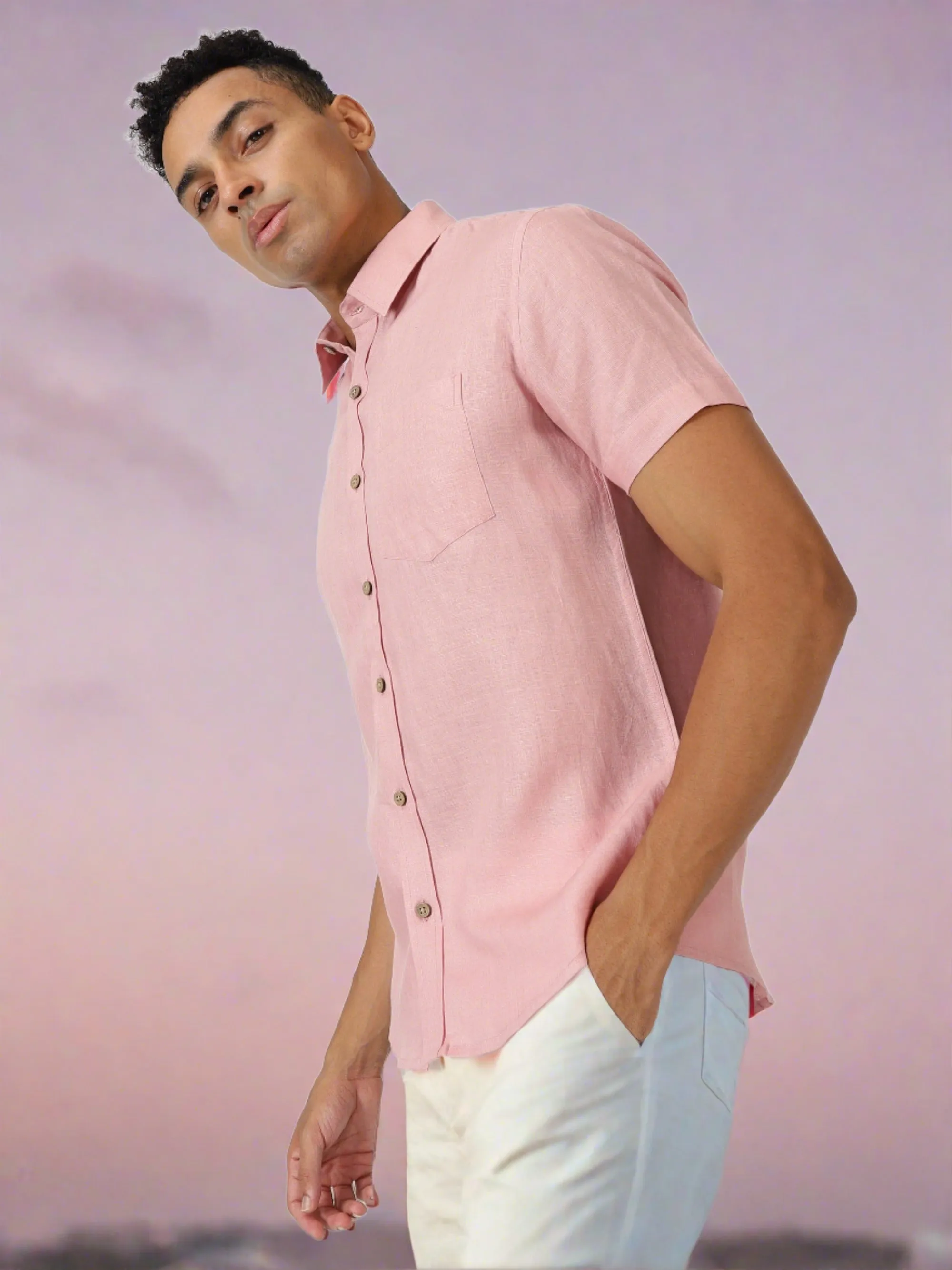 Harvey - Pure Linen Half Sleeve Shirt - Salmon Pink (Factory Rescue)