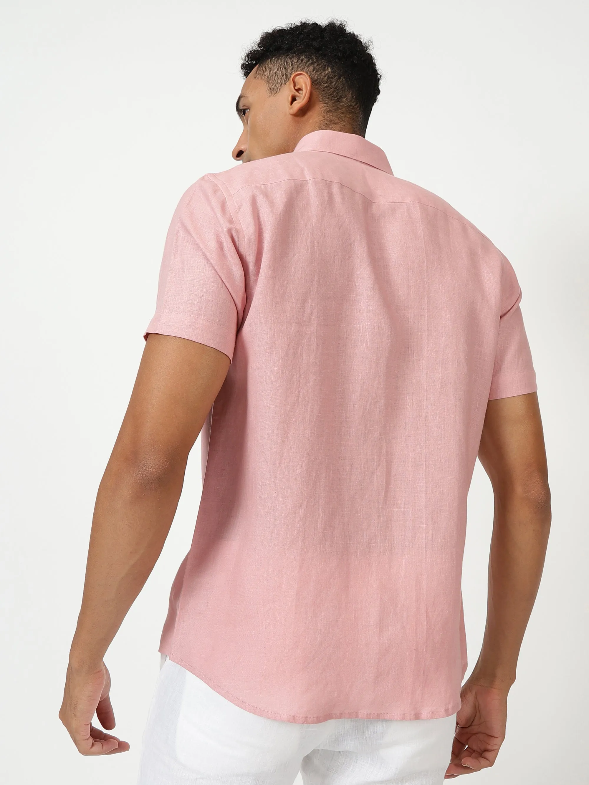 Harvey - Pure Linen Half Sleeve Shirt - Salmon Pink (Factory Rescue)