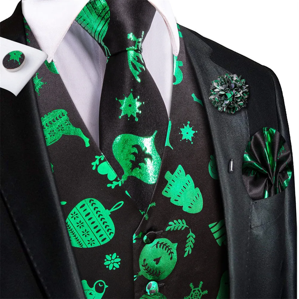 Hi-Tie Mens Waistcoat Black Green Tree Christmas Vest Necktie Set