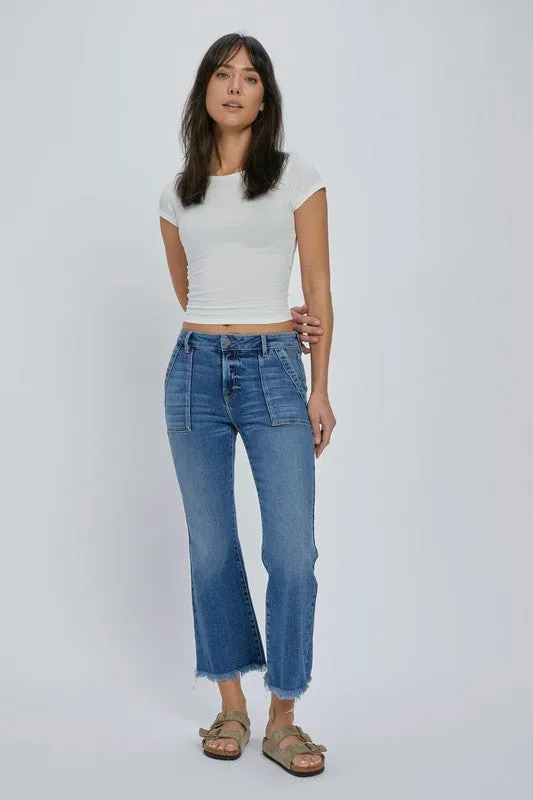 HIDDEN MEDIUM WASH FRAYED HEM CARGO CROP FLARE