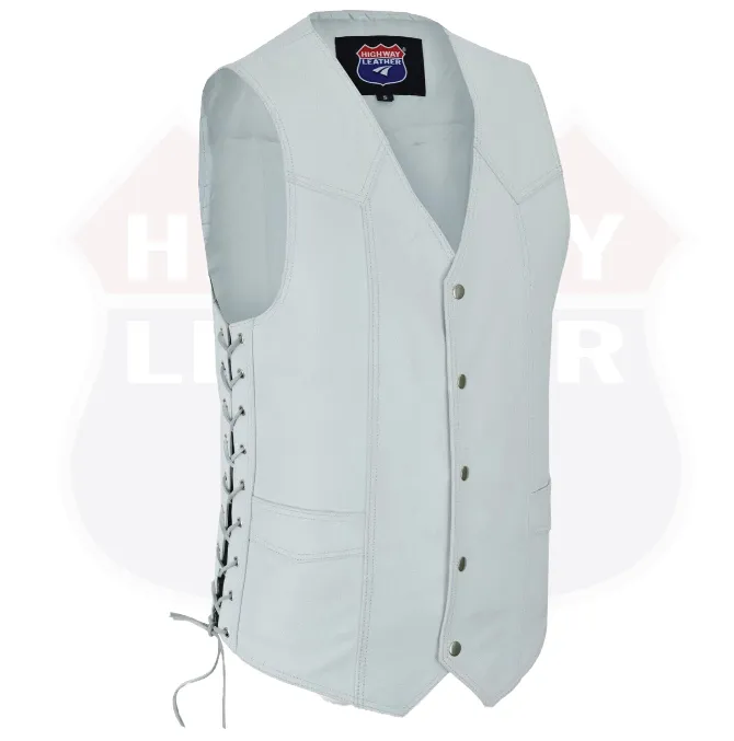 HL11614WHITE Men Side Lace Leather WHITE Vest Traditional