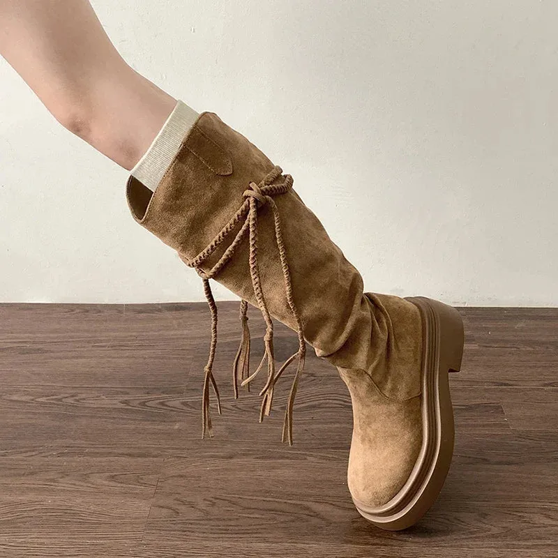 Hnzxzm Retro Style Tassels Women Western Cowgirl Boots Fashion Slip On Shoes Autumn Winter Thick Heel Ladies Knight Long Booties