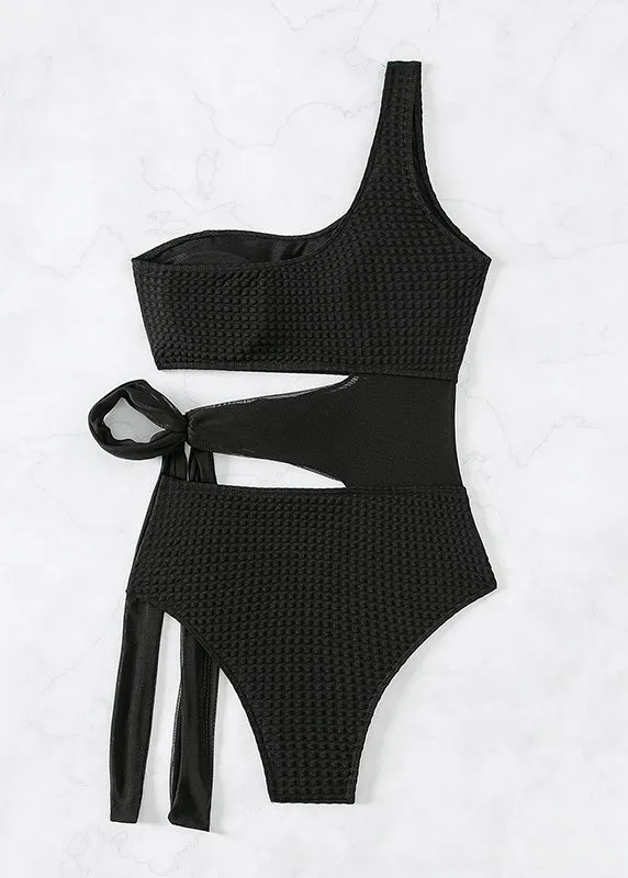 Hot Black Cold Shoulder Tie Waist Swimwear Bodysuit VC066