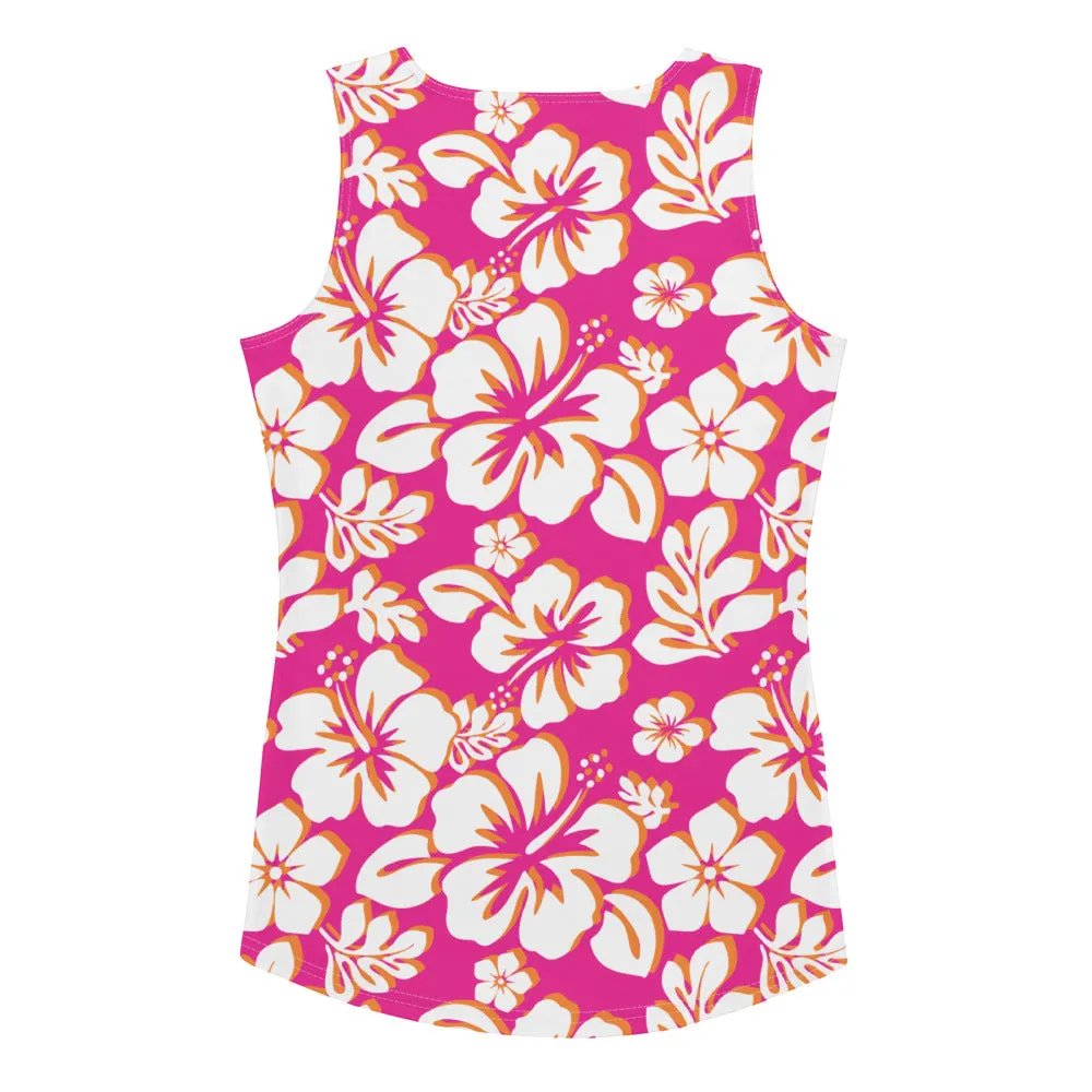 Hot Pink, Orange and White Hawaiian Flowers Women's Athletic Swim Tank Top