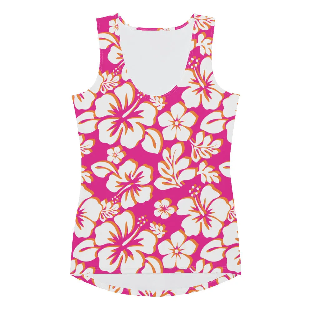 Hot Pink, Orange and White Hawaiian Flowers Women's Athletic Swim Tank Top