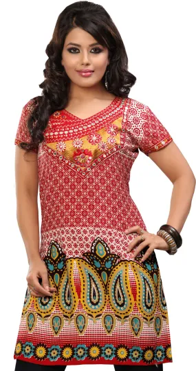 Indian Kurti Top Long Tunic Embroidered Womens Blouse India Clothes (Red)