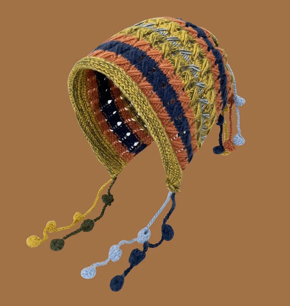 JCH303502 Handcrafted Multicolored Crocheted Hat with Tassel-Accent