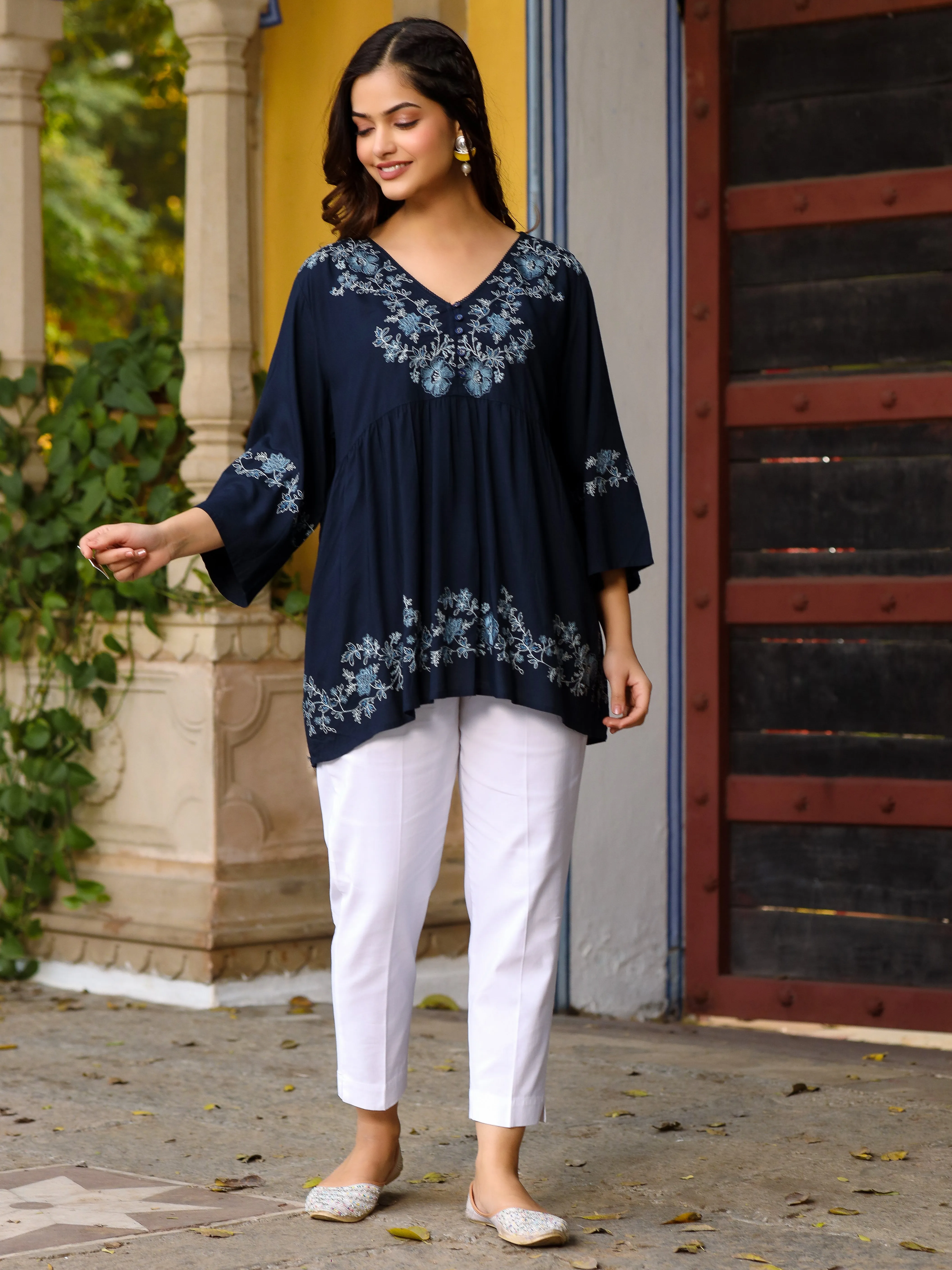 Juniper Navy Blue Modal Rayon Alia-Cut Embroidered Tunic