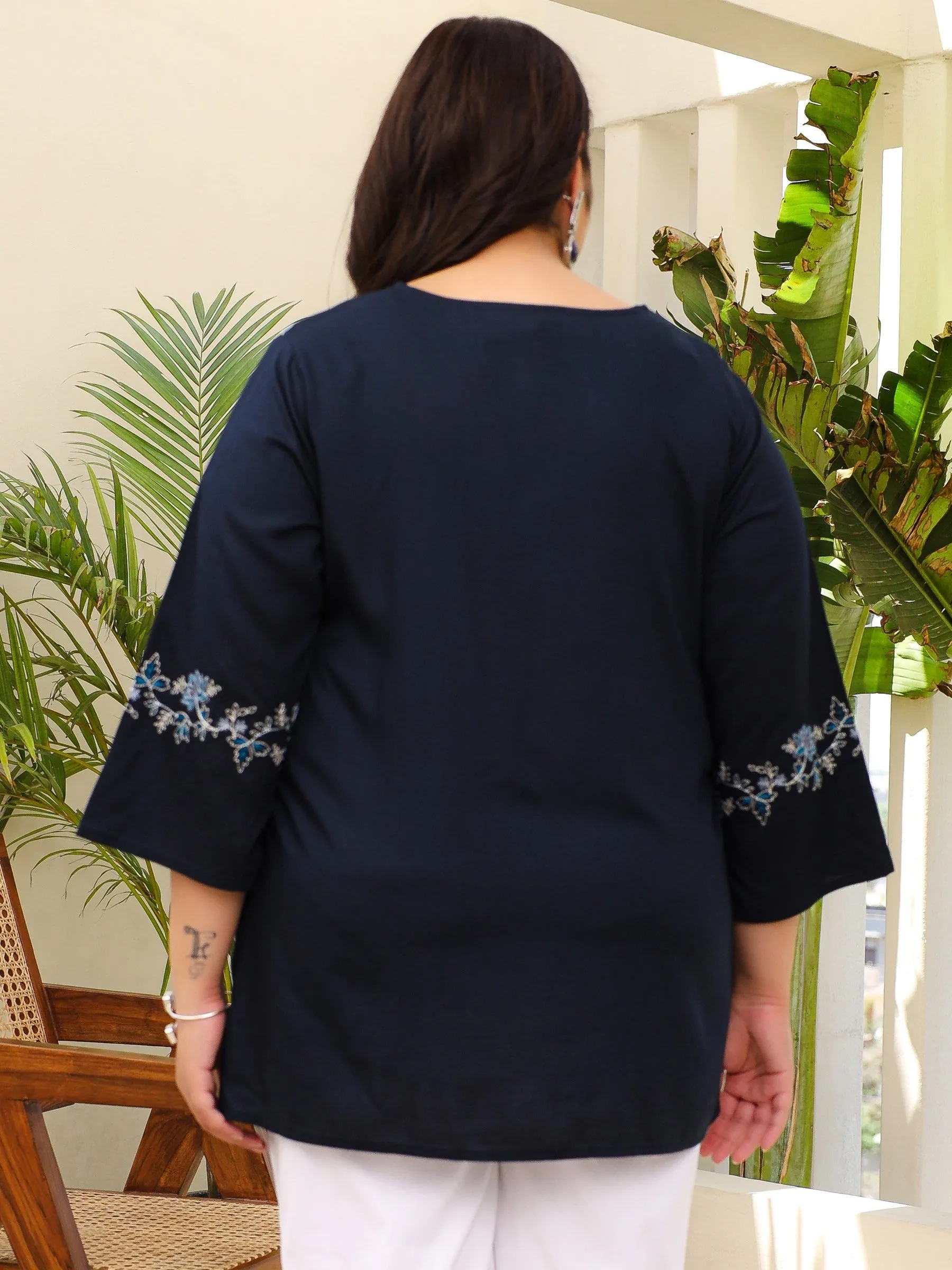 Juniper Navy Blue Modal Rayon Floral Embroidered Alia Cut Plus Size Tunic