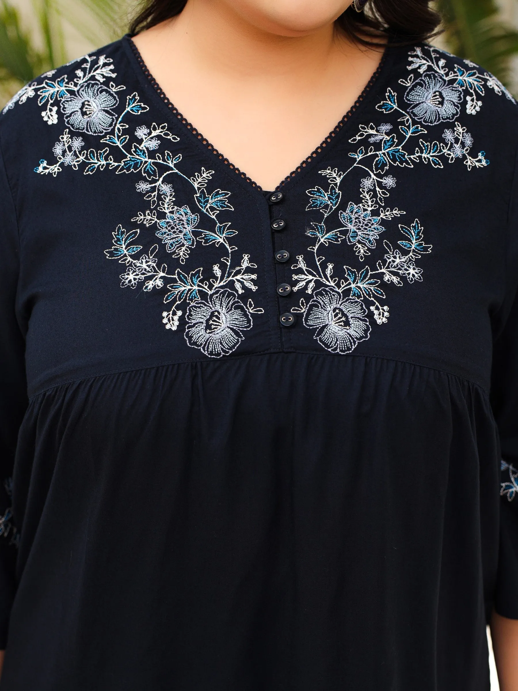 Juniper Navy Blue Modal Rayon Floral Embroidered Alia Cut Plus Size Tunic