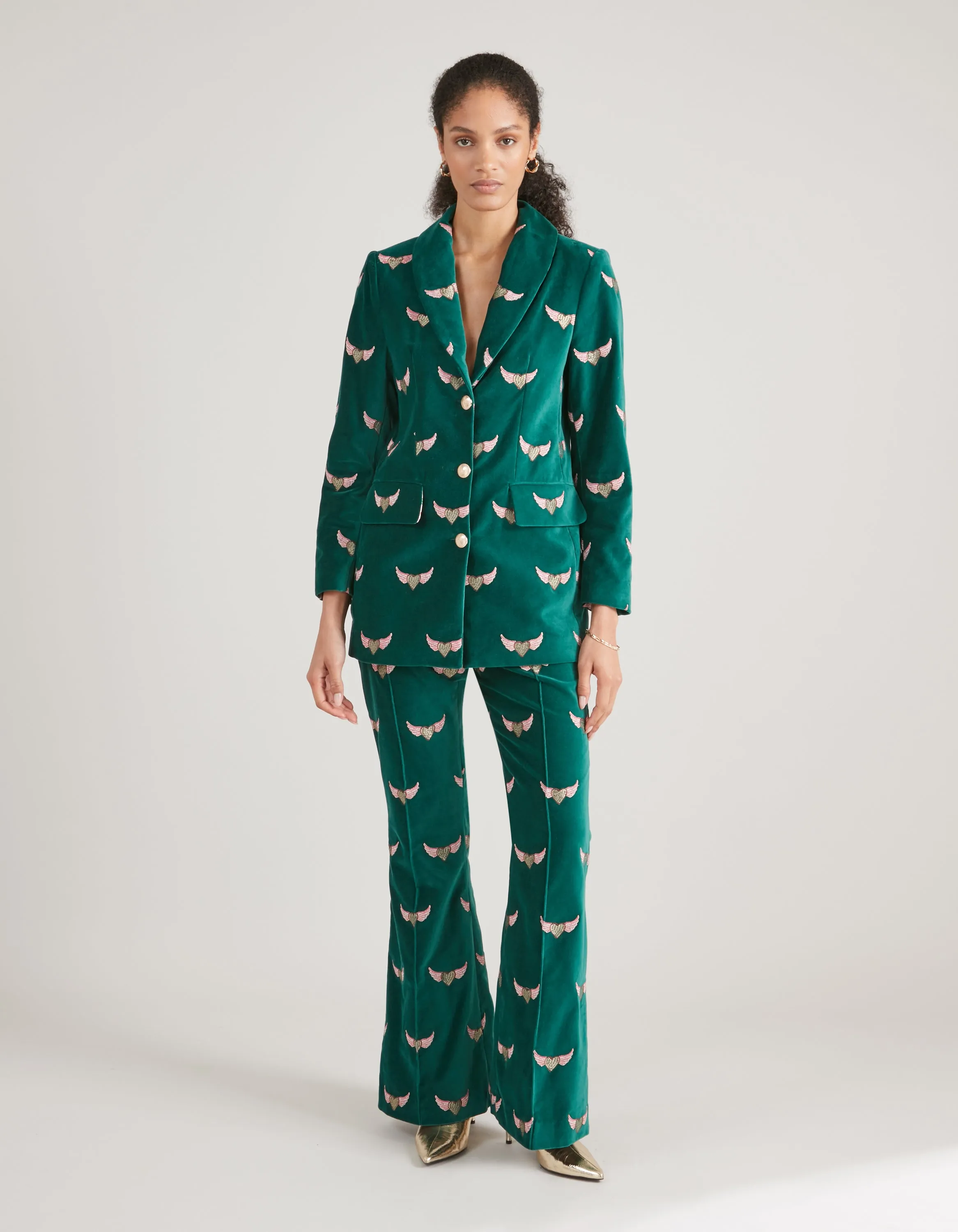 Kelly Green Velvet Flying Hearts Embroidered Trousers