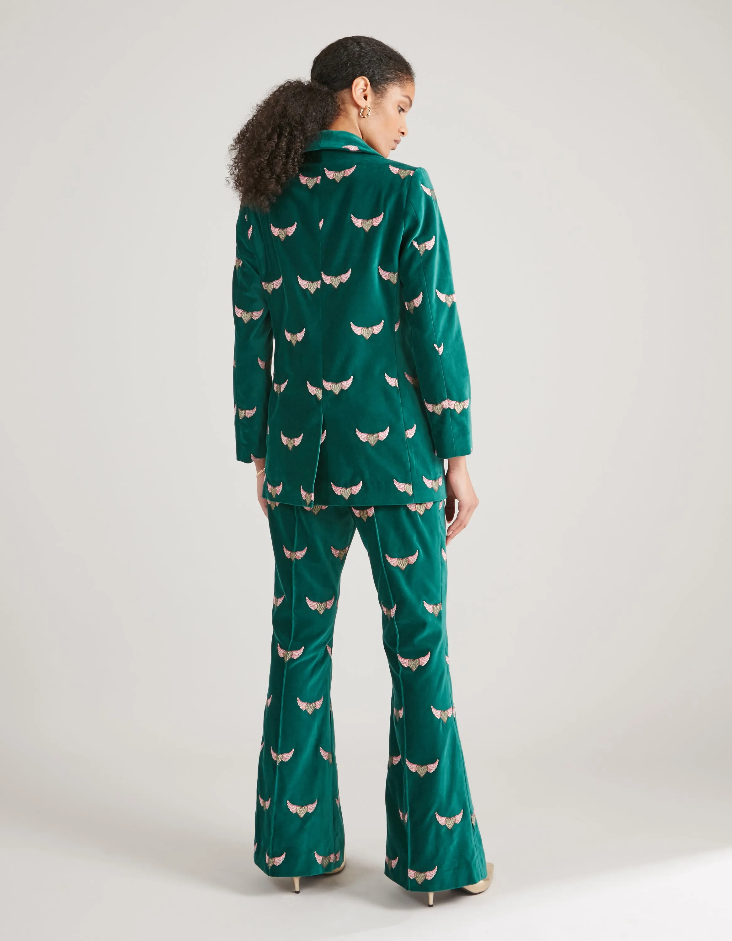 Kelly Green Velvet Flying Hearts Embroidered Trousers