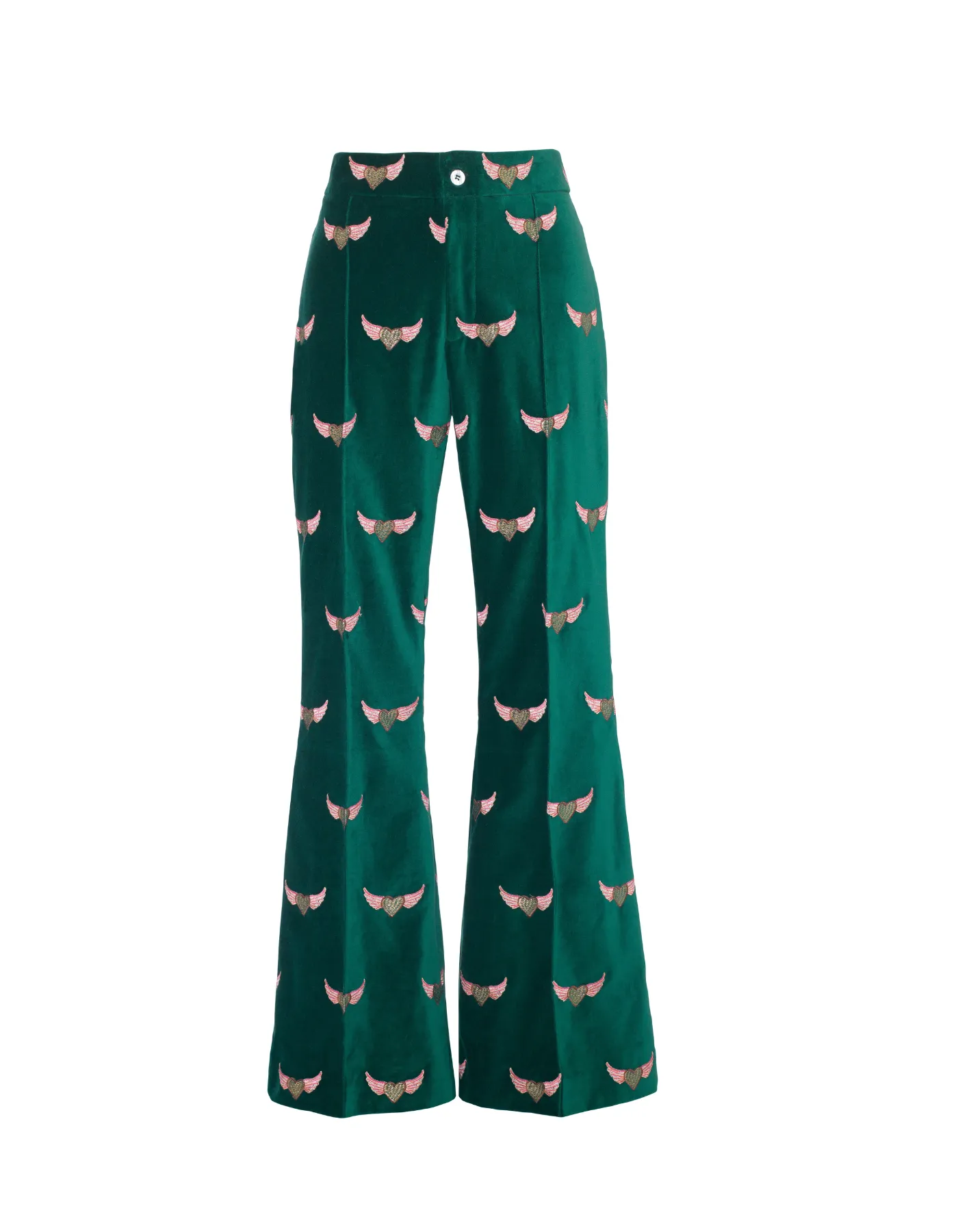 Kelly Green Velvet Flying Hearts Embroidered Trousers