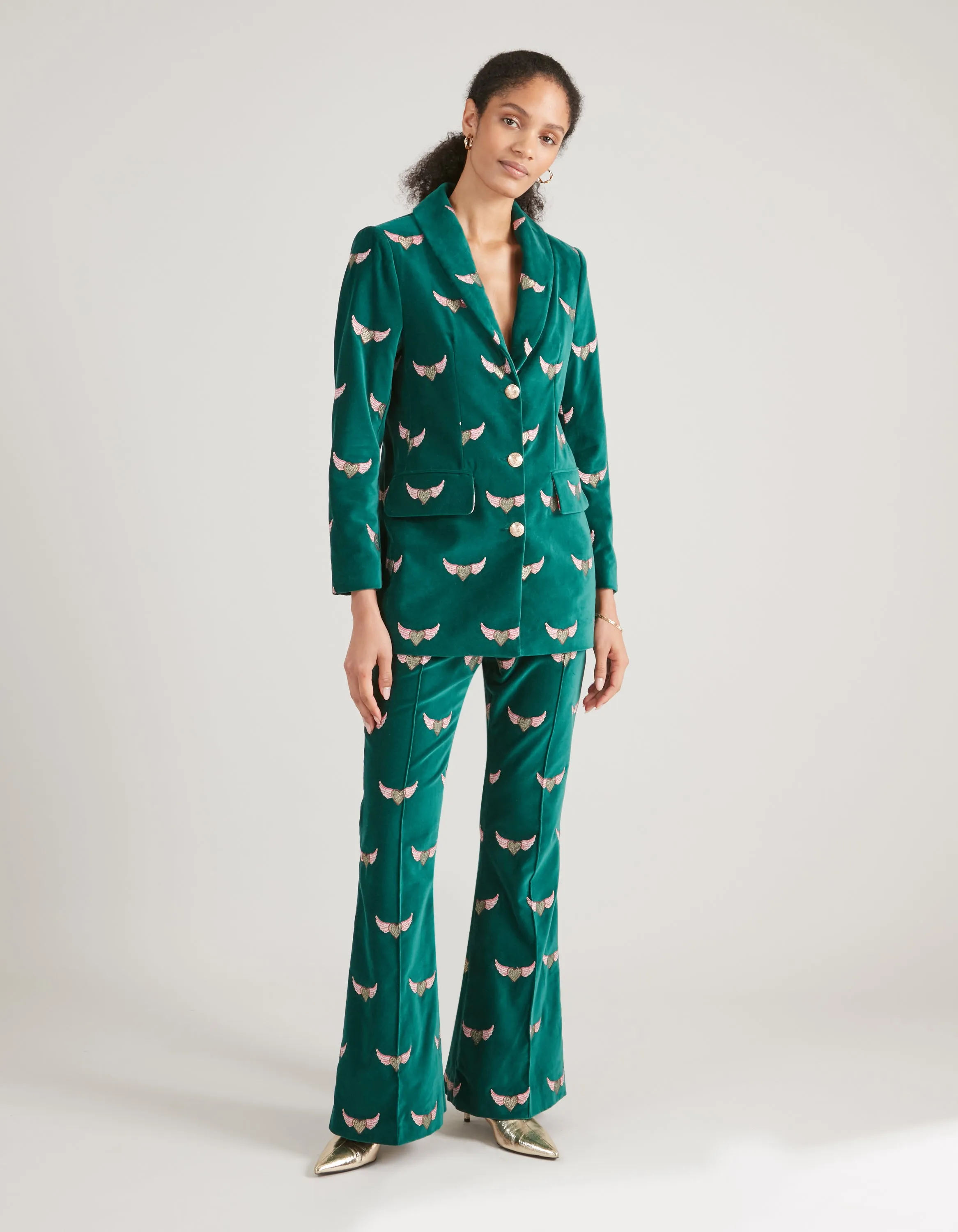 Kelly Green Velvet Flying Hearts Embroidered Trousers