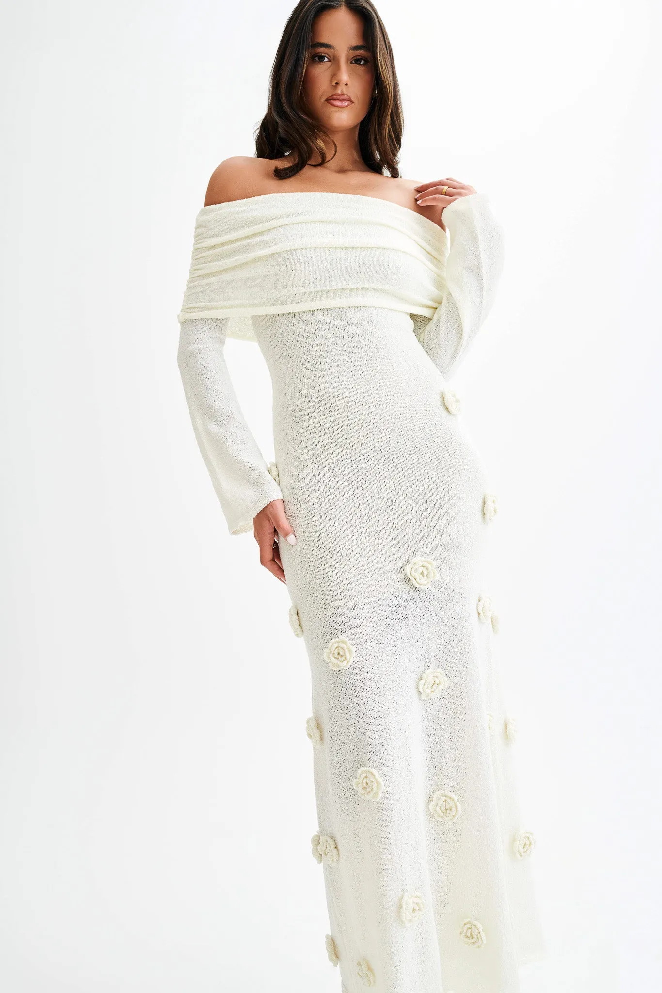 Kiki Off Shoulder Knit Rose Maxi Dress - Ivory