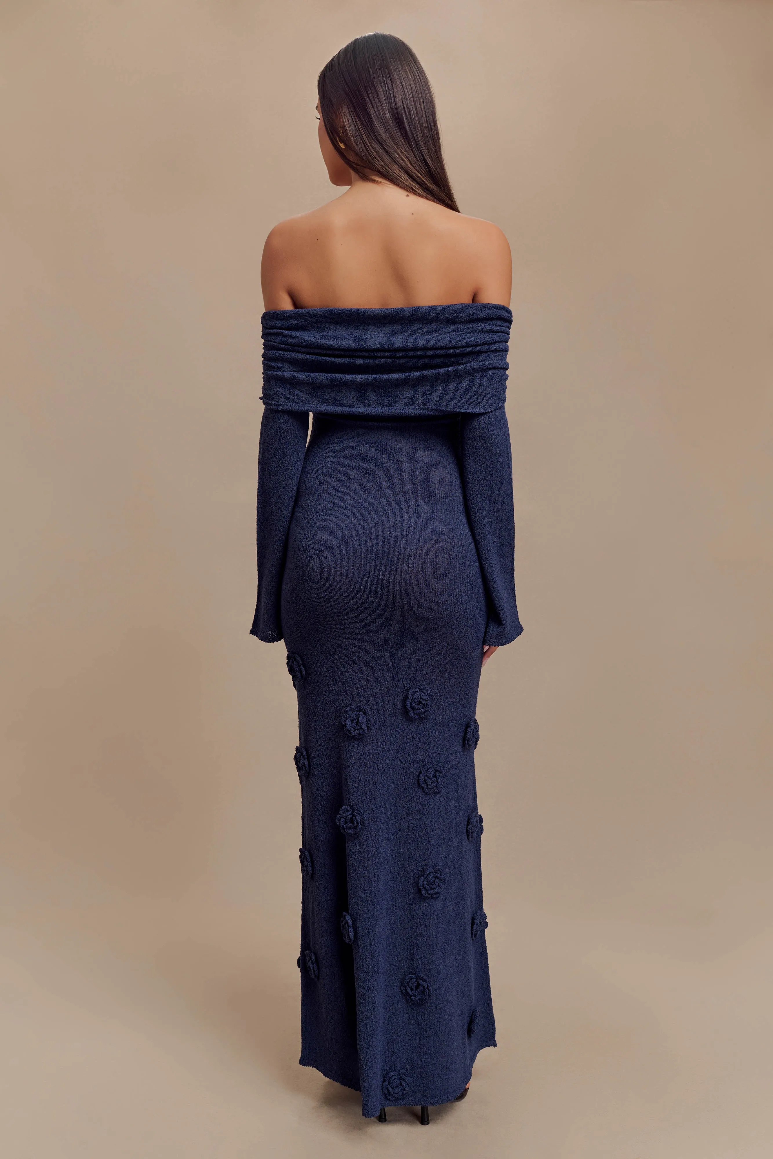 Kiki Off Shoulder Knit Rose Maxi Dress - Navy