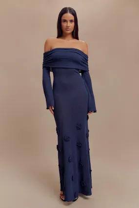 Kiki Off Shoulder Knit Rose Maxi Dress - Navy