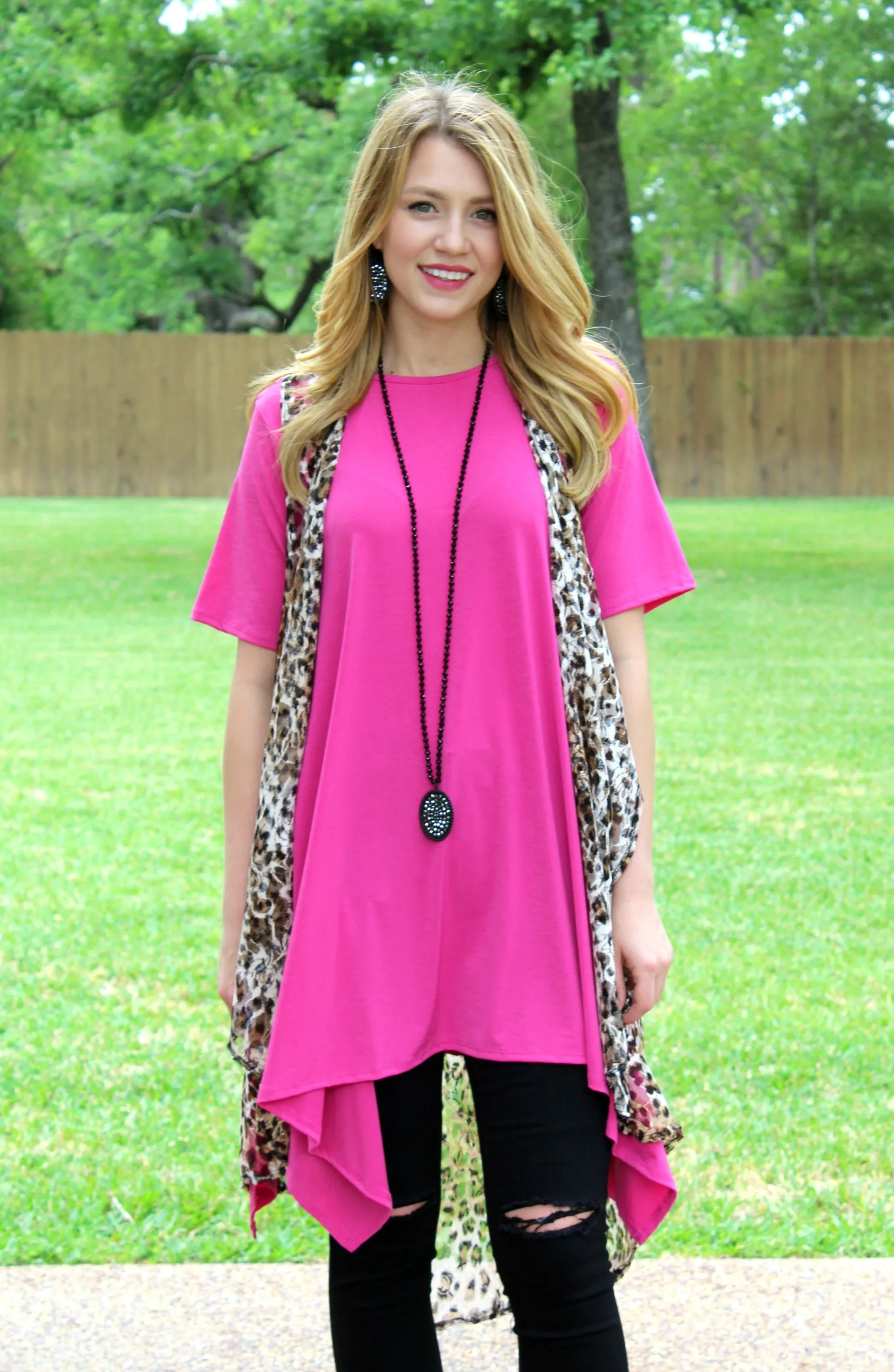 Last Chance Size Small | Not A Doubt Asymmetrical Hemline Tunic in Hot Pink | ONLY 1 LEFT!