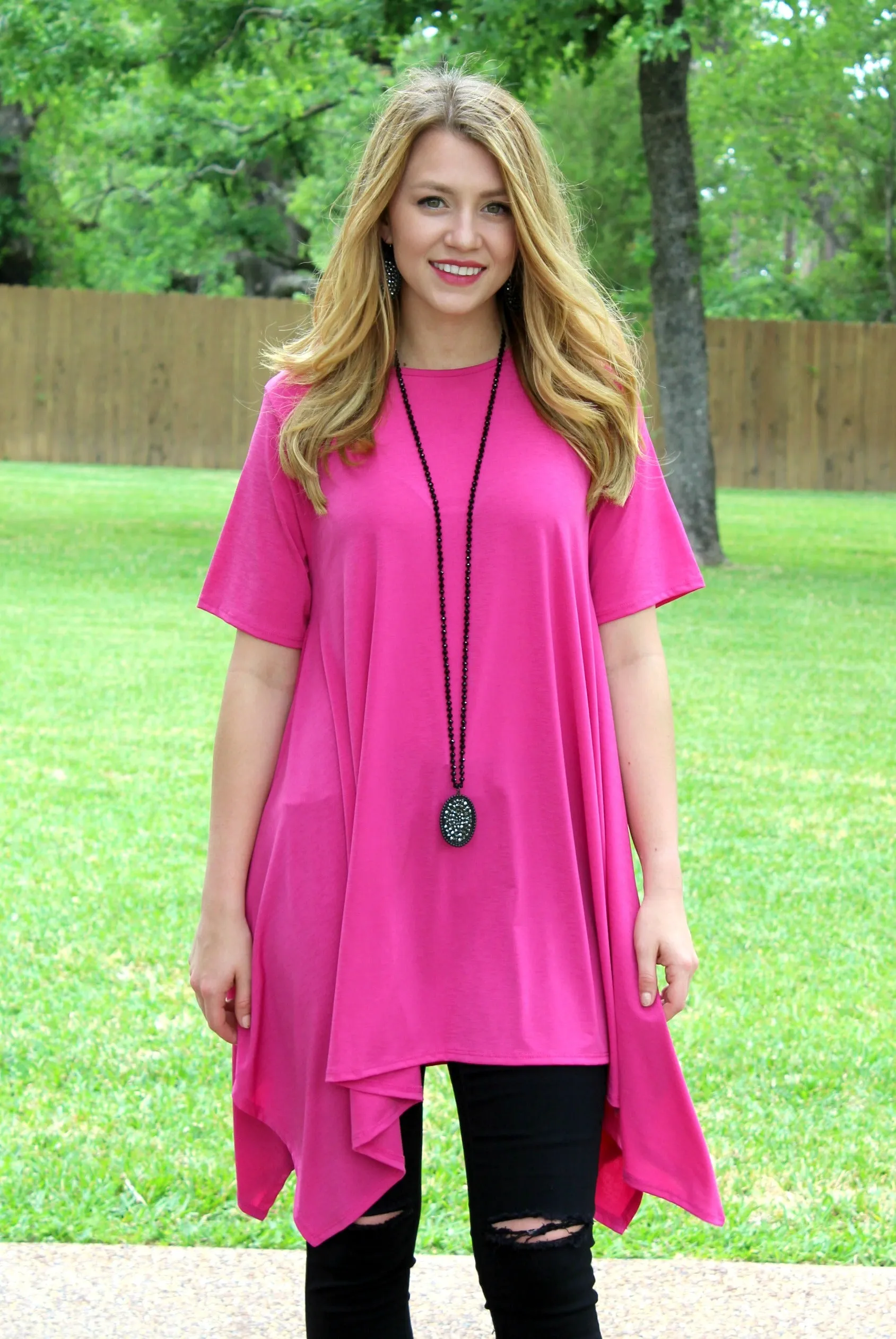 Last Chance Size Small | Not A Doubt Asymmetrical Hemline Tunic in Hot Pink | ONLY 1 LEFT!