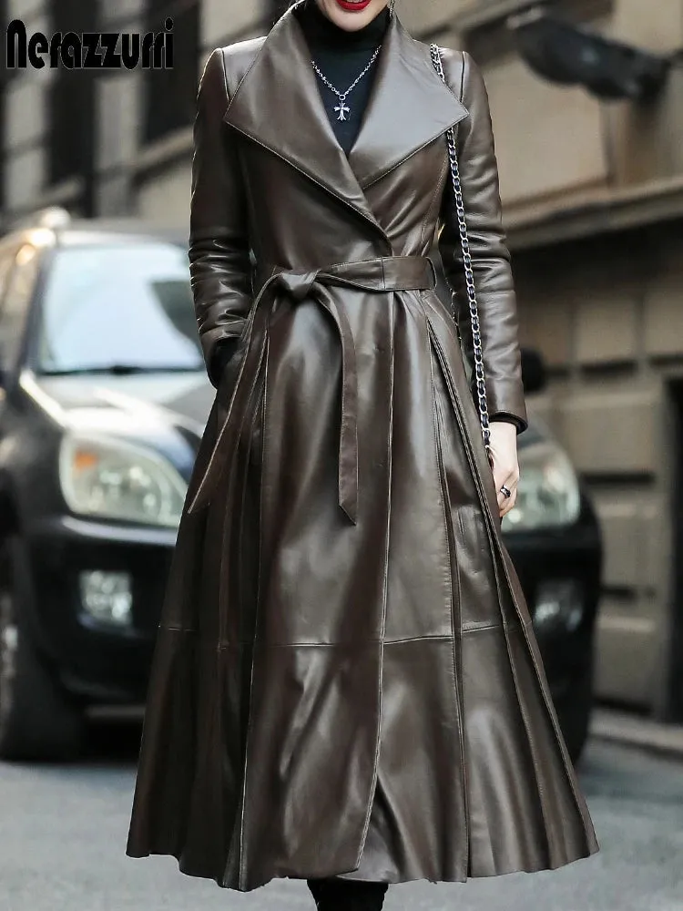 Long Brown Black Soft Faux Leather Trench Belt Skirted Coat