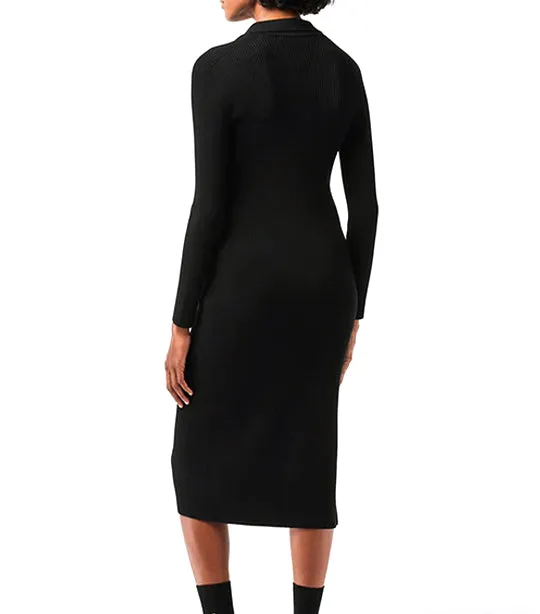 Long Seamless Knit Ribbed Polo Dress Black