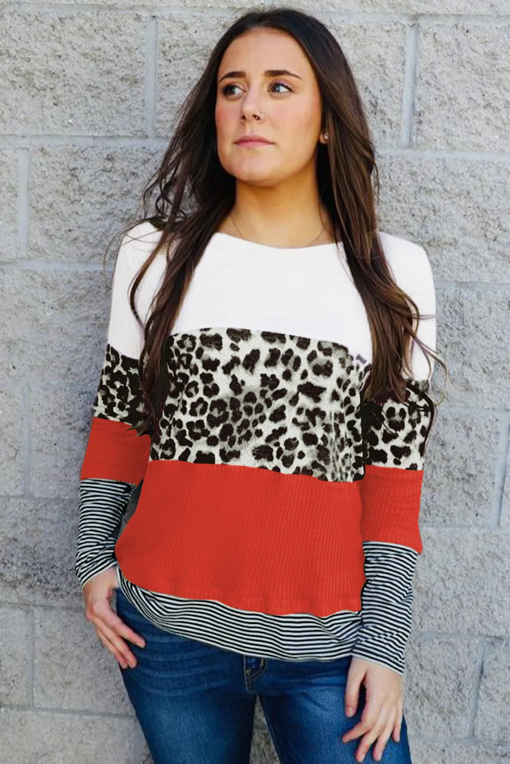 Long Sleeve Mixed Print Leopard Color Block Sweater