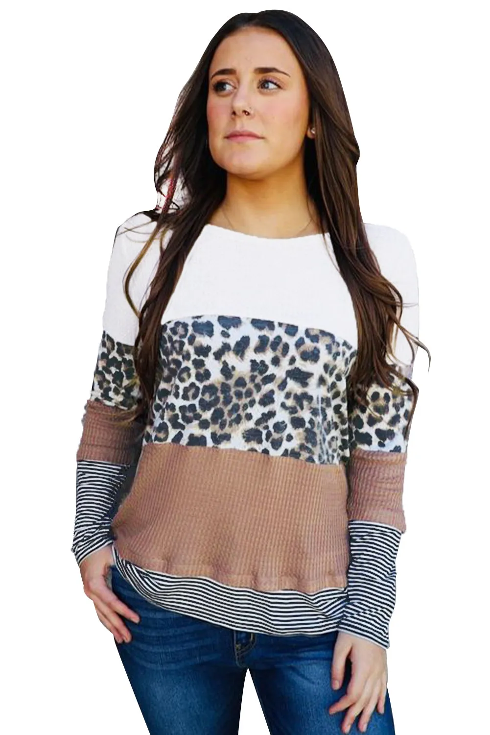 Long Sleeve Mixed Print Leopard Color Block Sweater