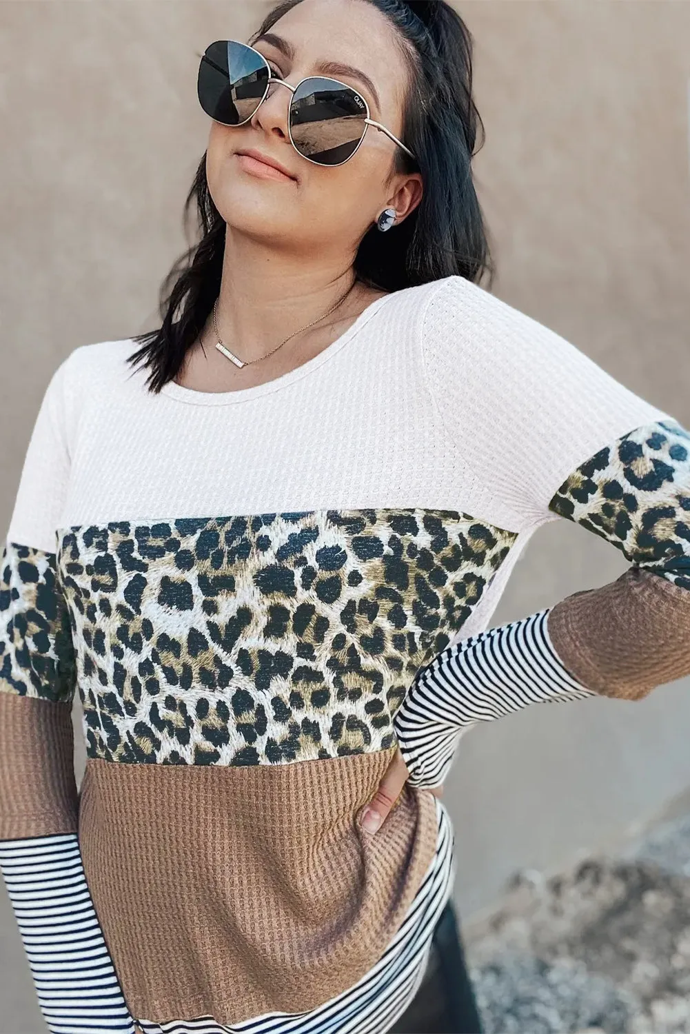 Long Sleeve Mixed Print Leopard Color Block Sweater