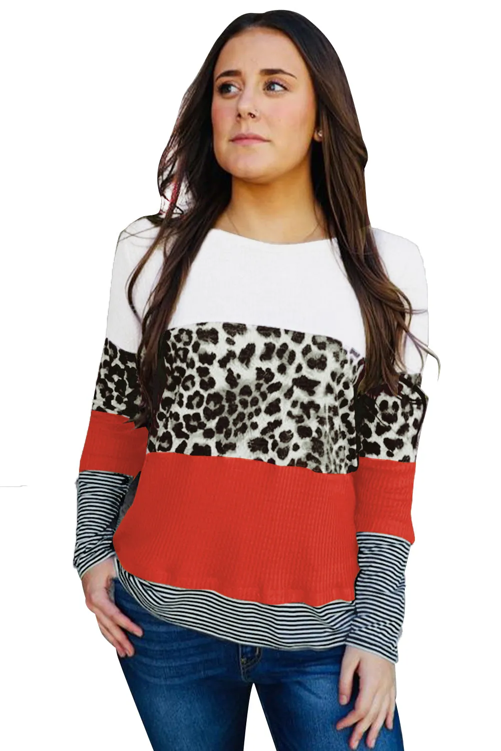 Long Sleeve Mixed Print Leopard Color Block Sweater