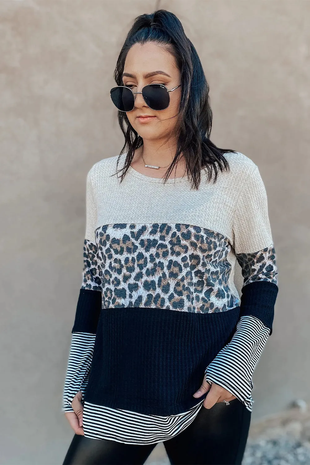 Long Sleeve Mixed Print Leopard Color Block Sweater