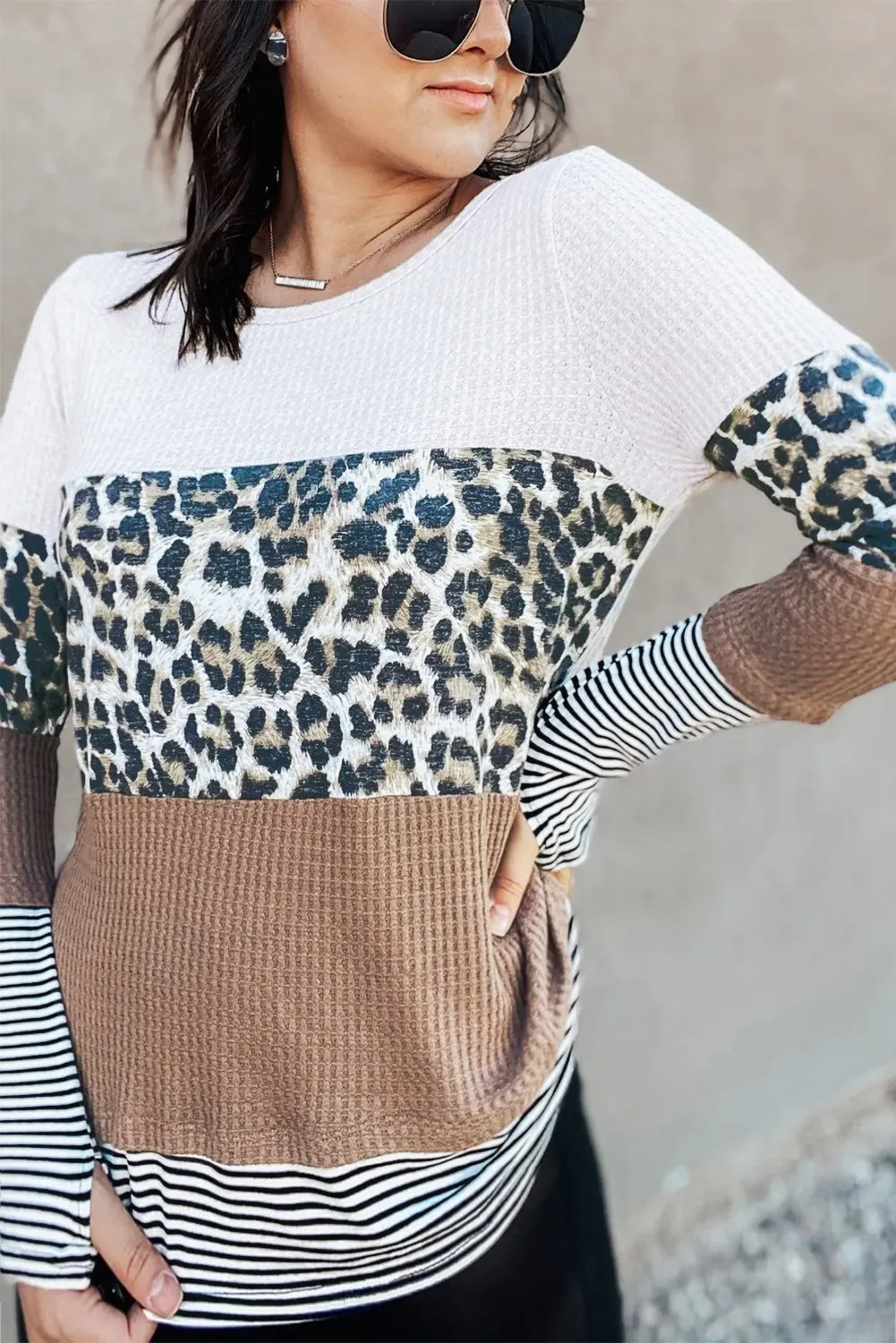 Long Sleeve Mixed Print Leopard Color Block Sweater