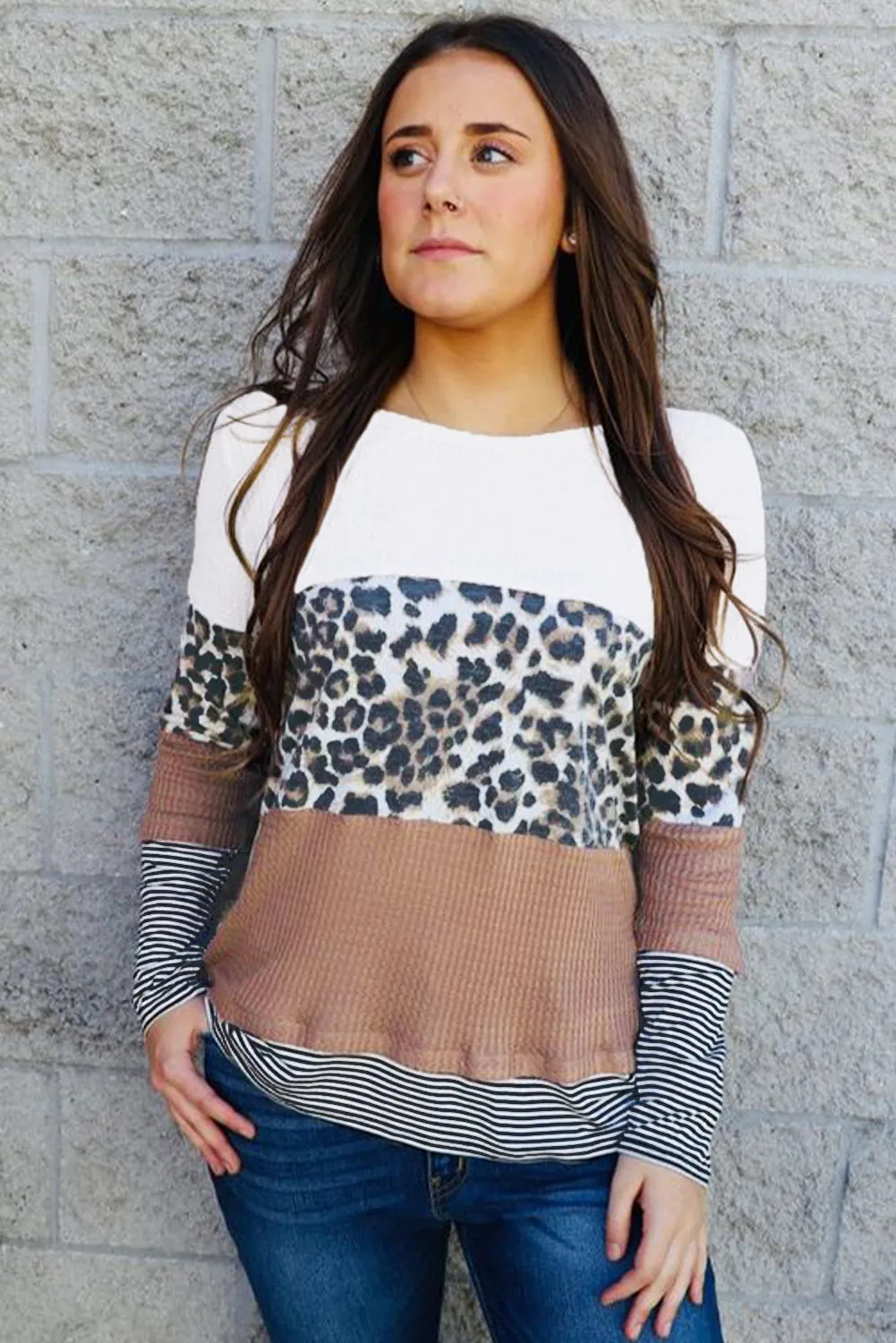 Long Sleeve Mixed Print Leopard Color Block Sweater