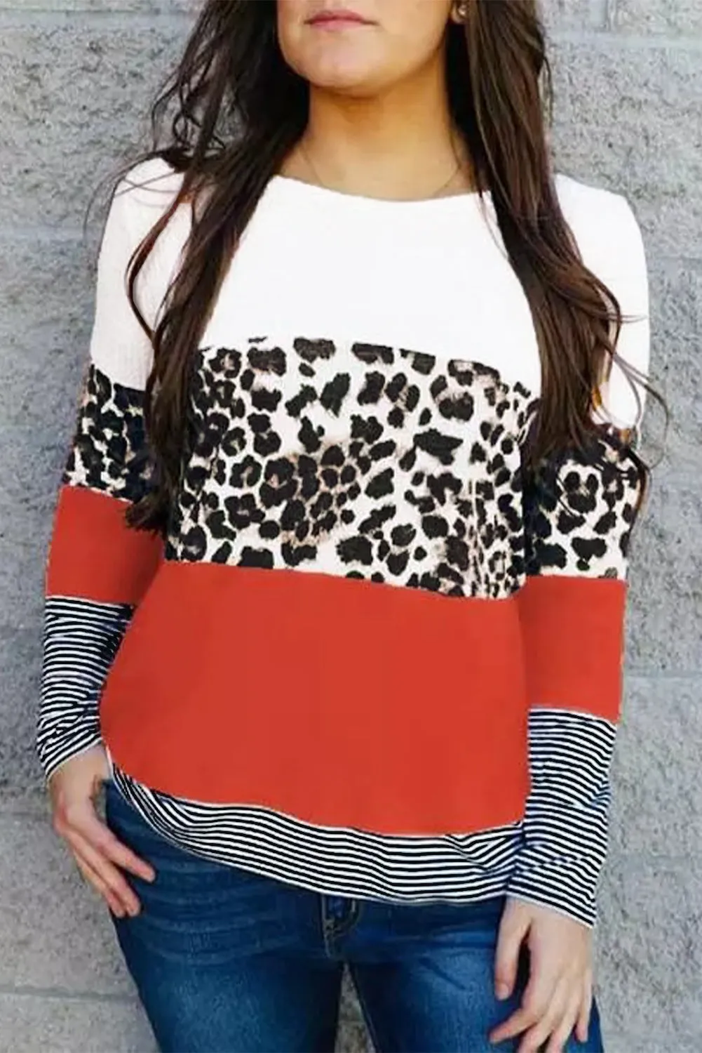 Long Sleeve Mixed Print Leopard Color Block Sweater