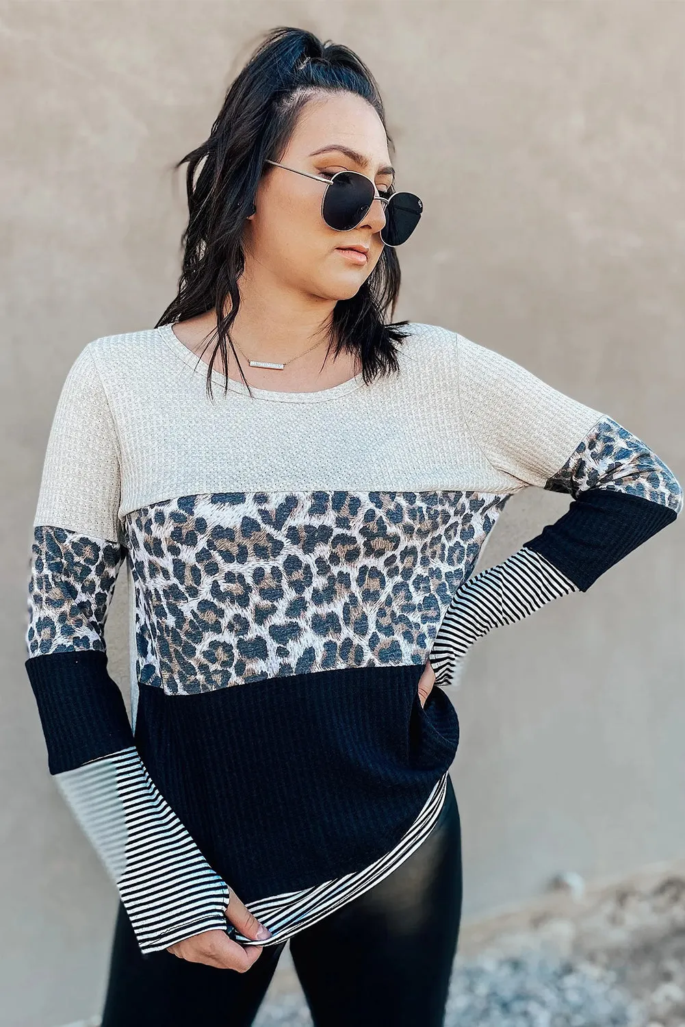 Long Sleeve Mixed Print Leopard Color Block Sweater